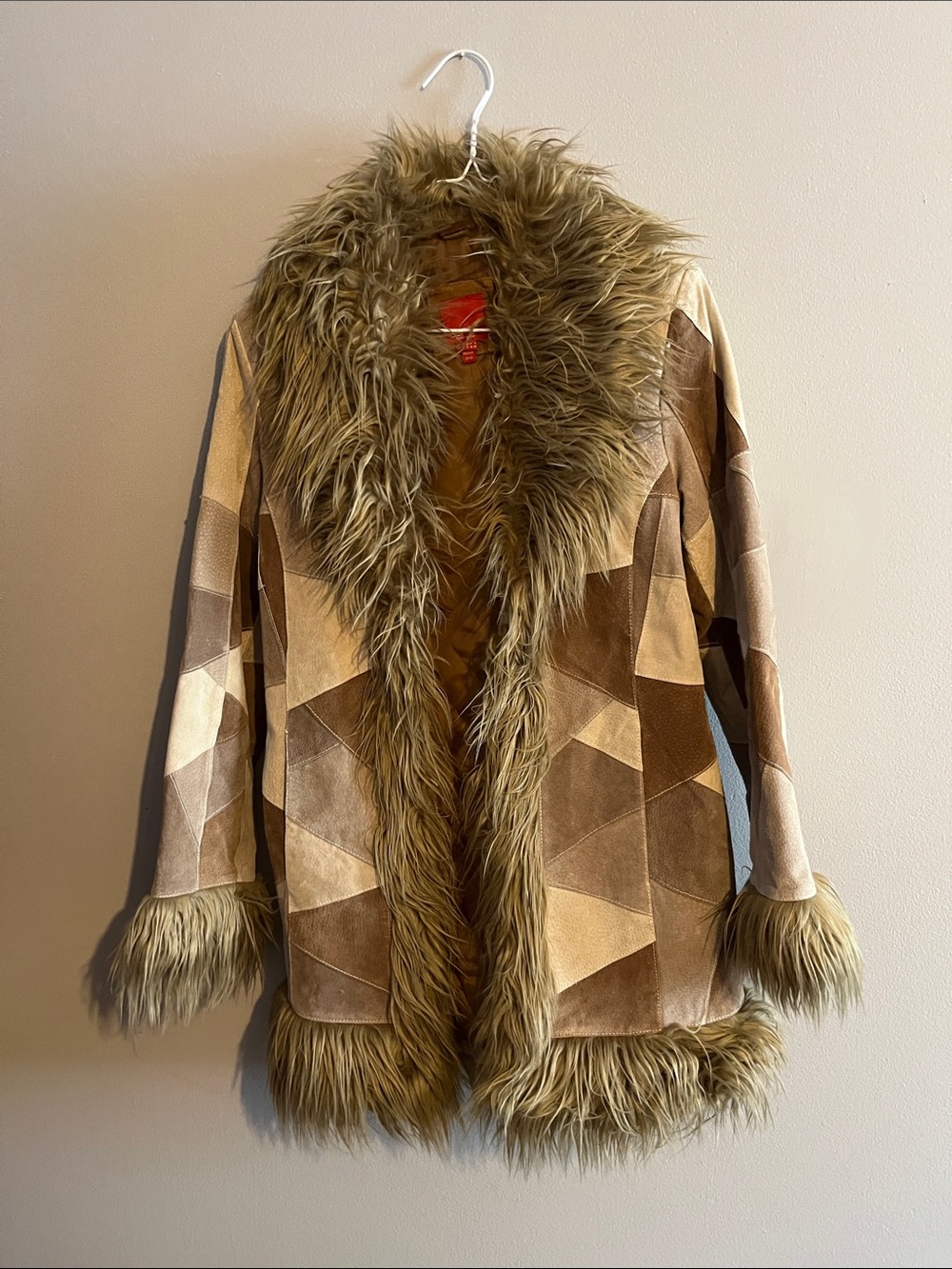Esprit Brown Leather  Patchwork Penny Lane Jacket with Faux Fur Trim SZ Small
